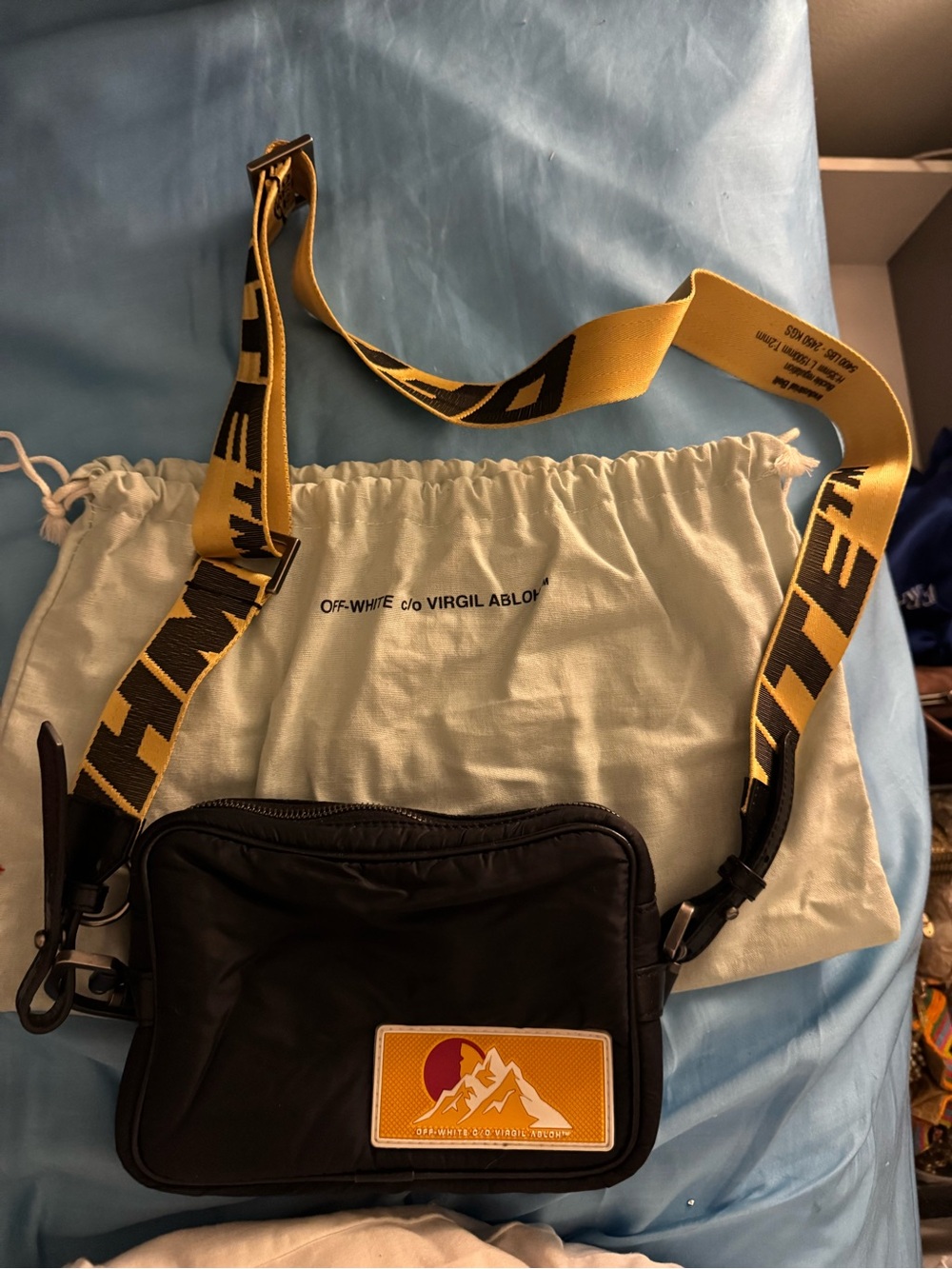 Off-White Black Crossbody Bag with Yellow Patch and Strap
